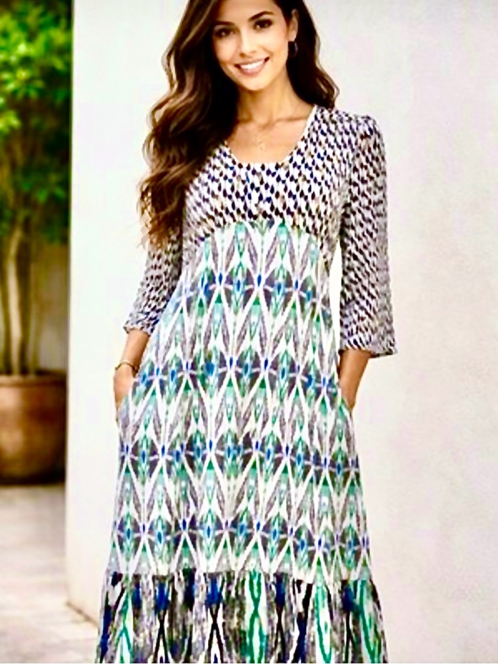 Chico's 40th Anniversary Ikat Black, White, Green & Blue Maxi Dress Size 18 NWOT
